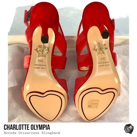 CHARLOTTE OLYMPIA BRENDA CRISSCROSS SLINGBACK PUMPS IN RED VELVET EU 38.5 NEW - Picture 10 of 15